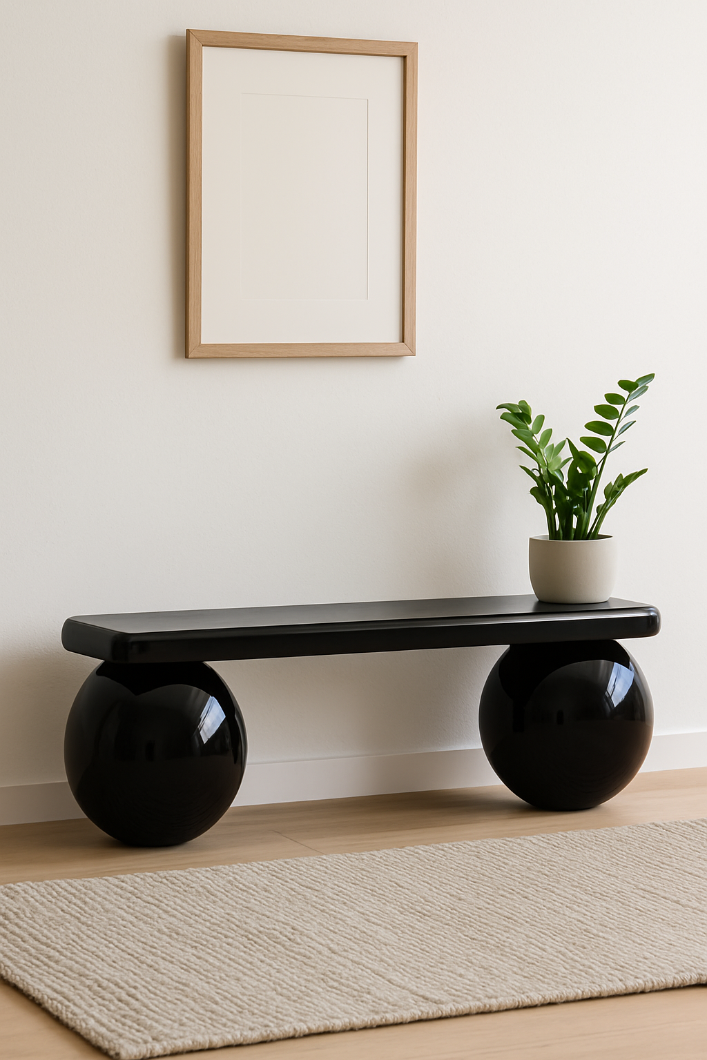 Glossy Black Bench – Lacquered Sphere Wood Bench, Modern Entryway Seating, Sculptural Handmade Furniture