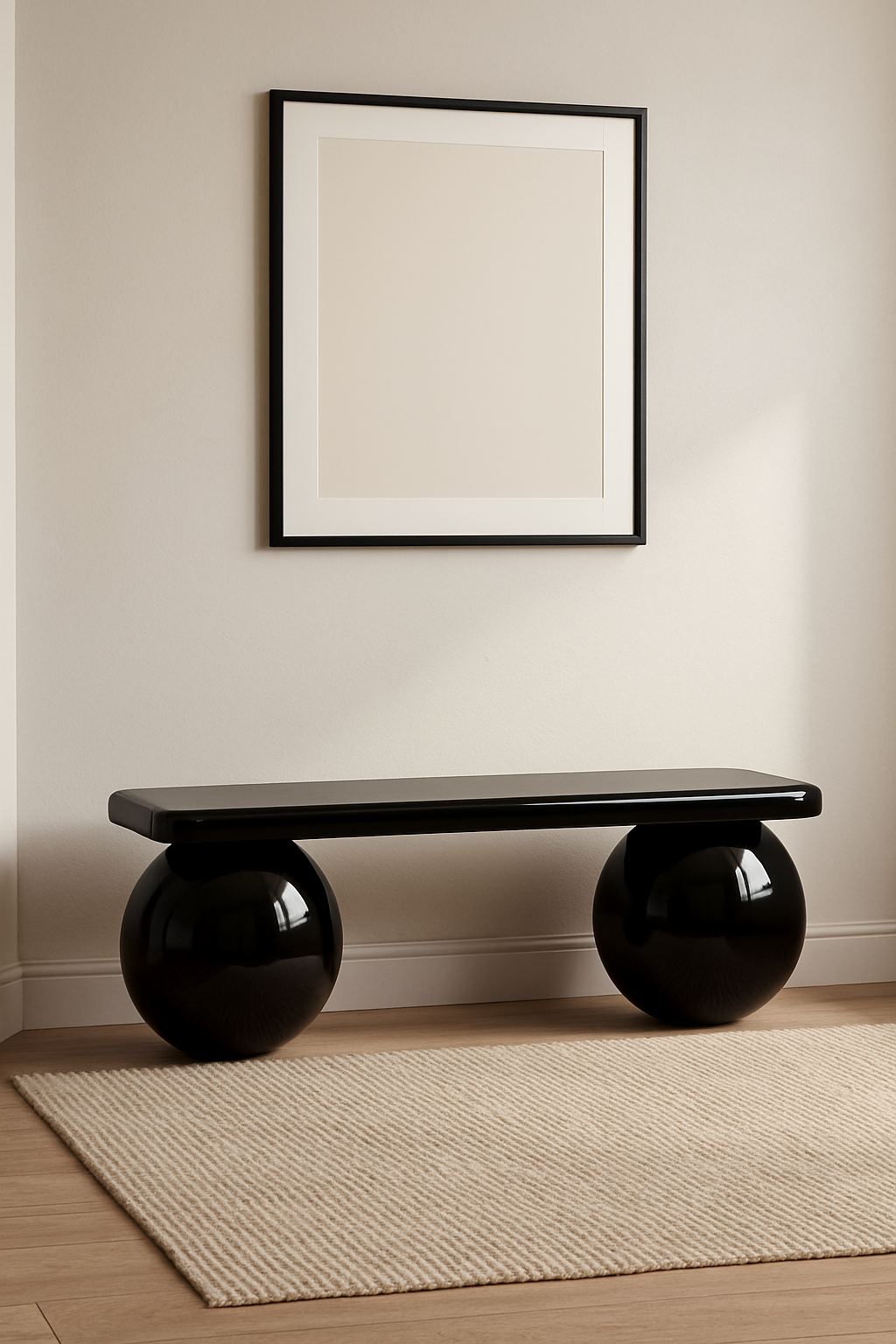 Glossy Black Bench – Lacquered Sphere Wood Bench, Modern Entryway Seating, Sculptural Handmade Furniture