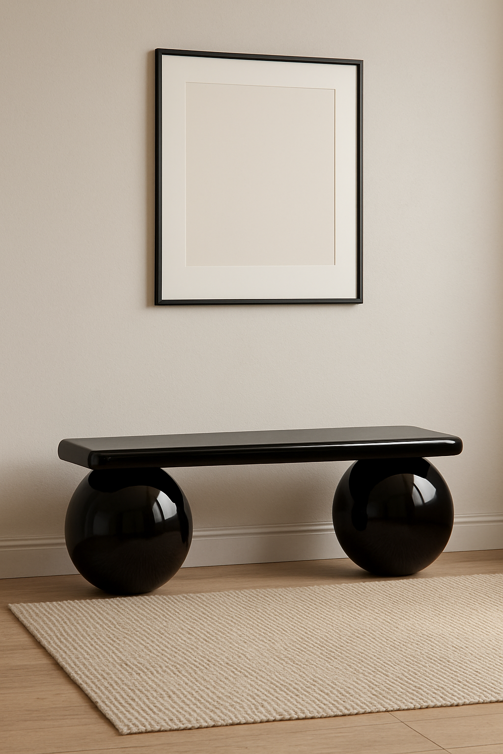 Glossy Black Bench – Lacquered Sphere Wood Bench, Modern Entryway Seating, Sculptural Handmade Furniture