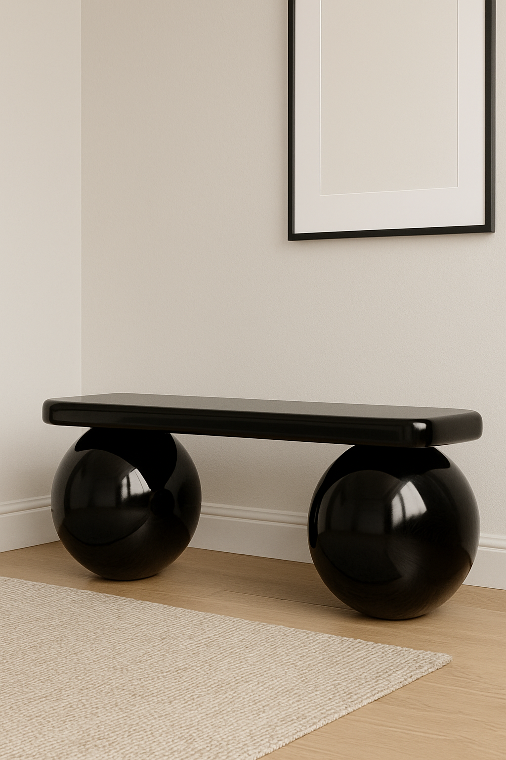 Glossy Black Bench – Lacquered Sphere Wood Bench, Modern Entryway Seating, Sculptural Handmade Furniture