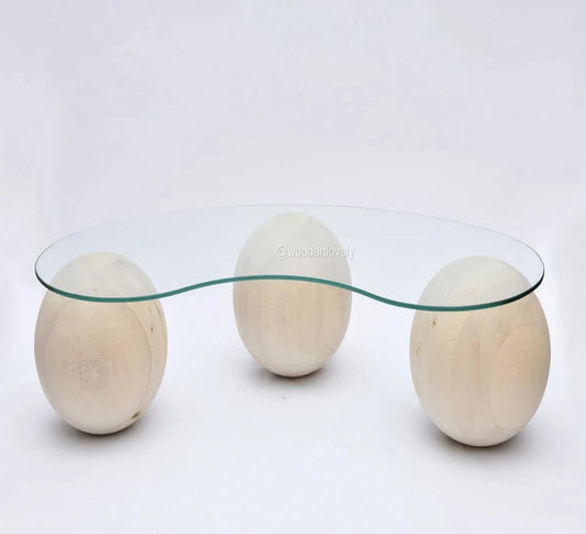 Raw Wood Ball Coffee Table, Center Table, Wood Balls, Glass Table with Wood Ball