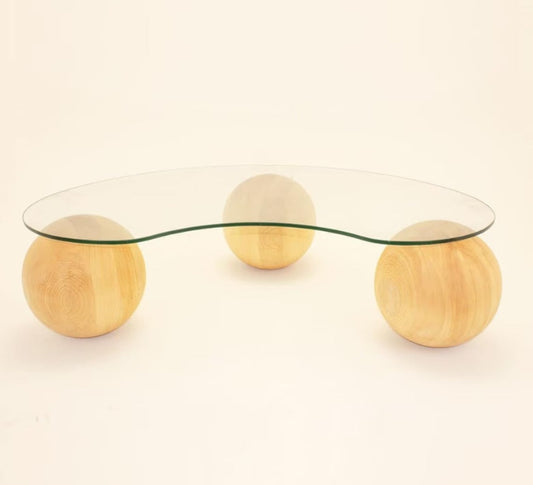 Natural Wood Ball Coffee Table, Center Table, Wood Balls, Glass Table with Wood Ball