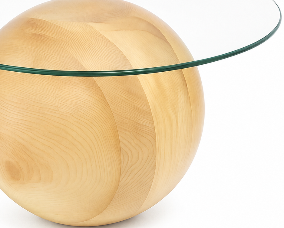 Noir Sculptural Coffee Table – Handmade Solid Wood Ball Base Table with Tempered Glass Top