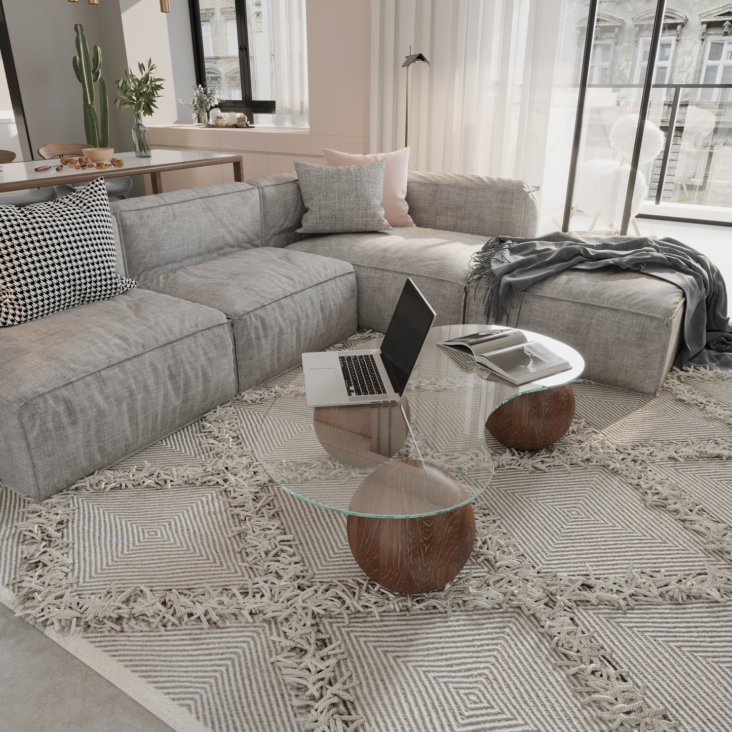 Walnut Wood Ball Coffee Table, Center Table, Wood Balls, Glass Table with Wood Ball