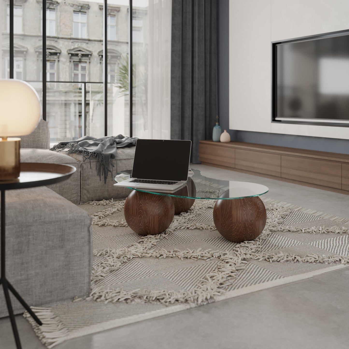 Walnut Wood Ball Coffee Table, Center Table, Wood Balls, Glass Table with Wood Ball