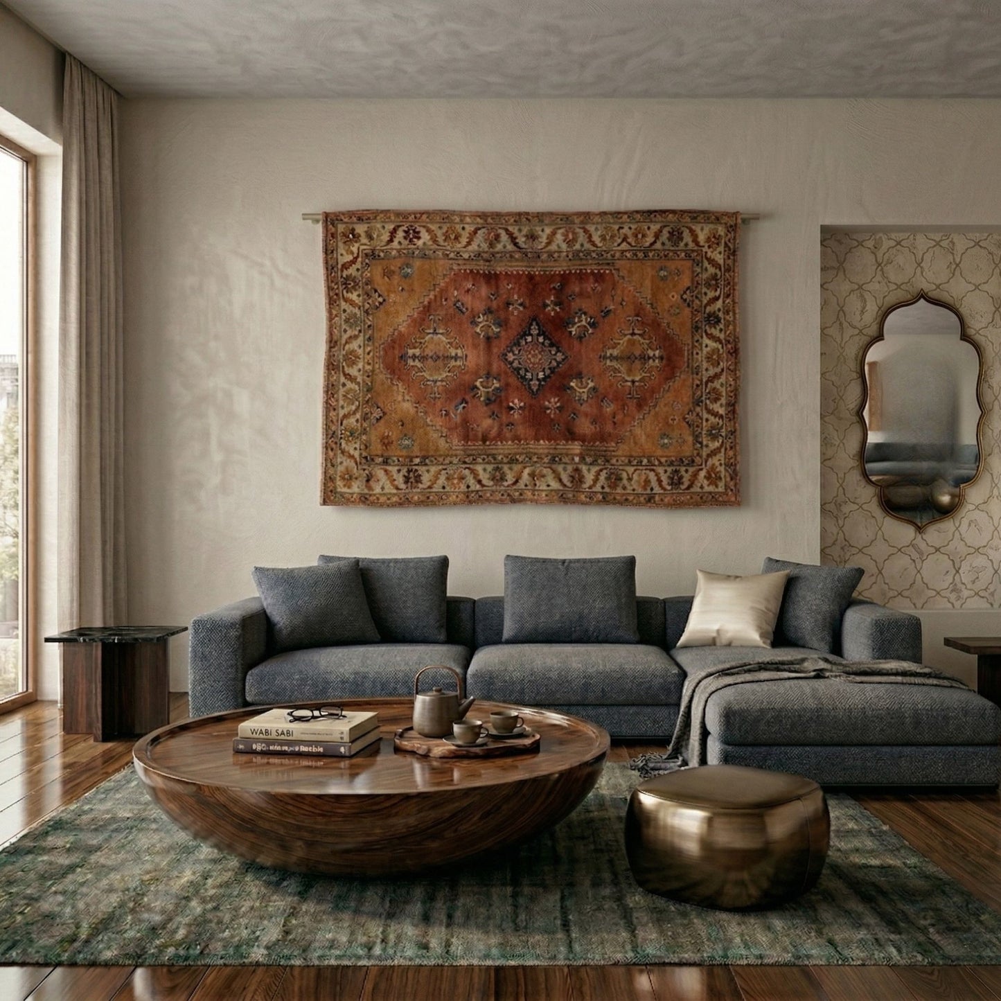 Sofra Large Round Organic Wood Coffee Table, Handmade Floor Table