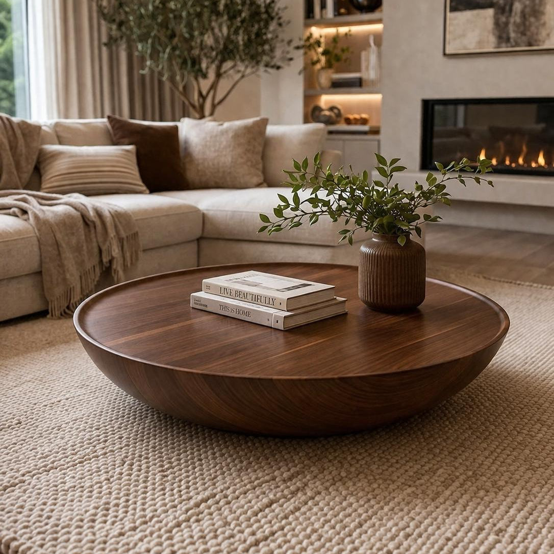 Sofra Large Round Organic Wood Coffee Table, Handmade Floor Table