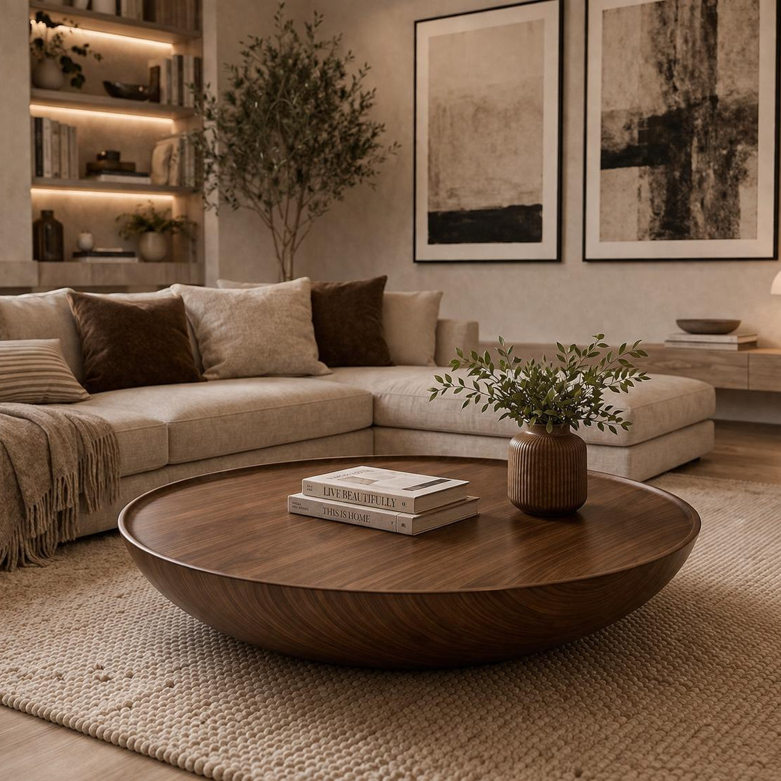 Sofra Large Round Organic Wood Coffee Table, Handmade Floor Table