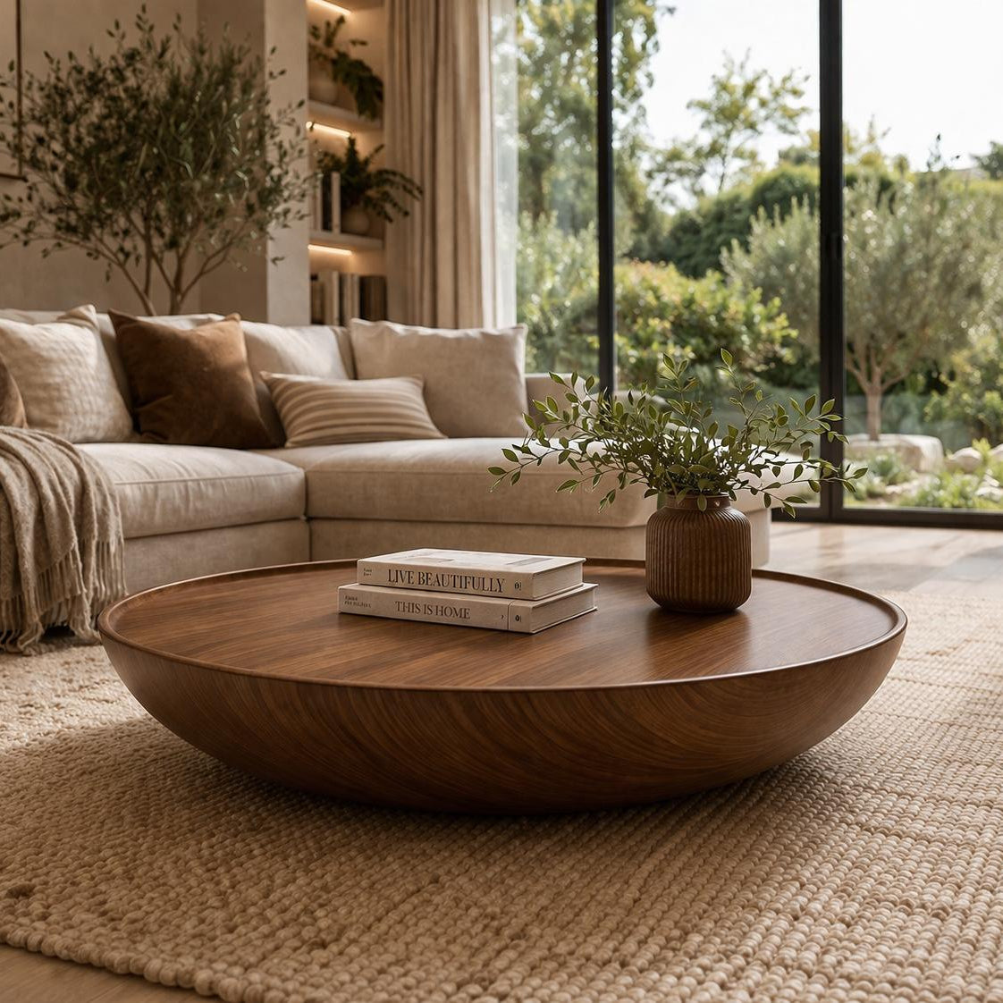 Sofra Large Round Organic Wood Coffee Table, Handmade Floor Table