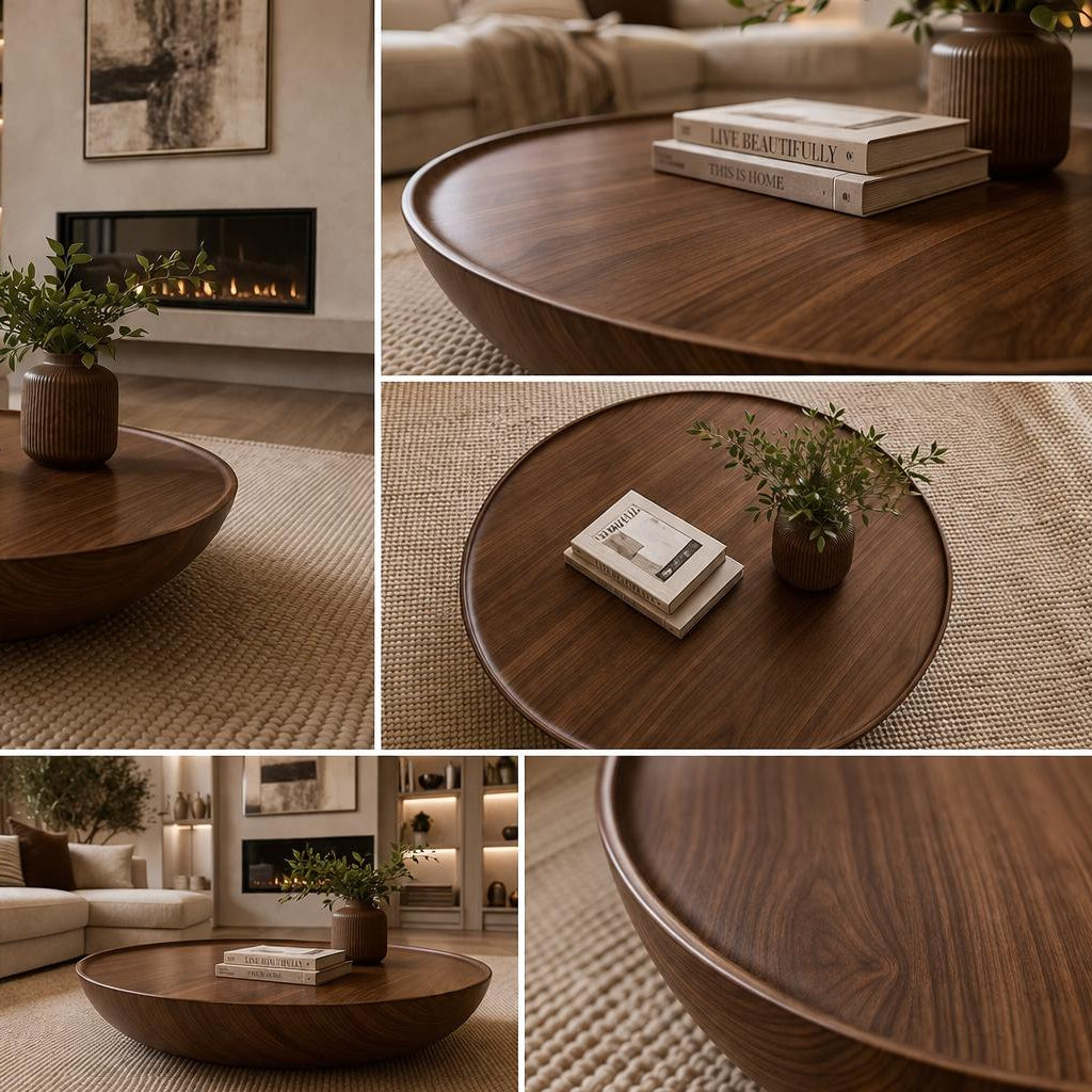 Sofra Large Round Organic Wood Coffee Table, Handmade Floor Table