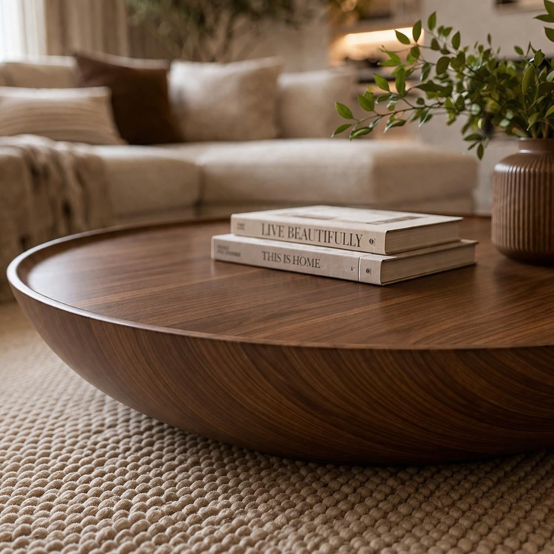 Sofra Large Round Organic Wood Coffee Table, Handmade Floor Table