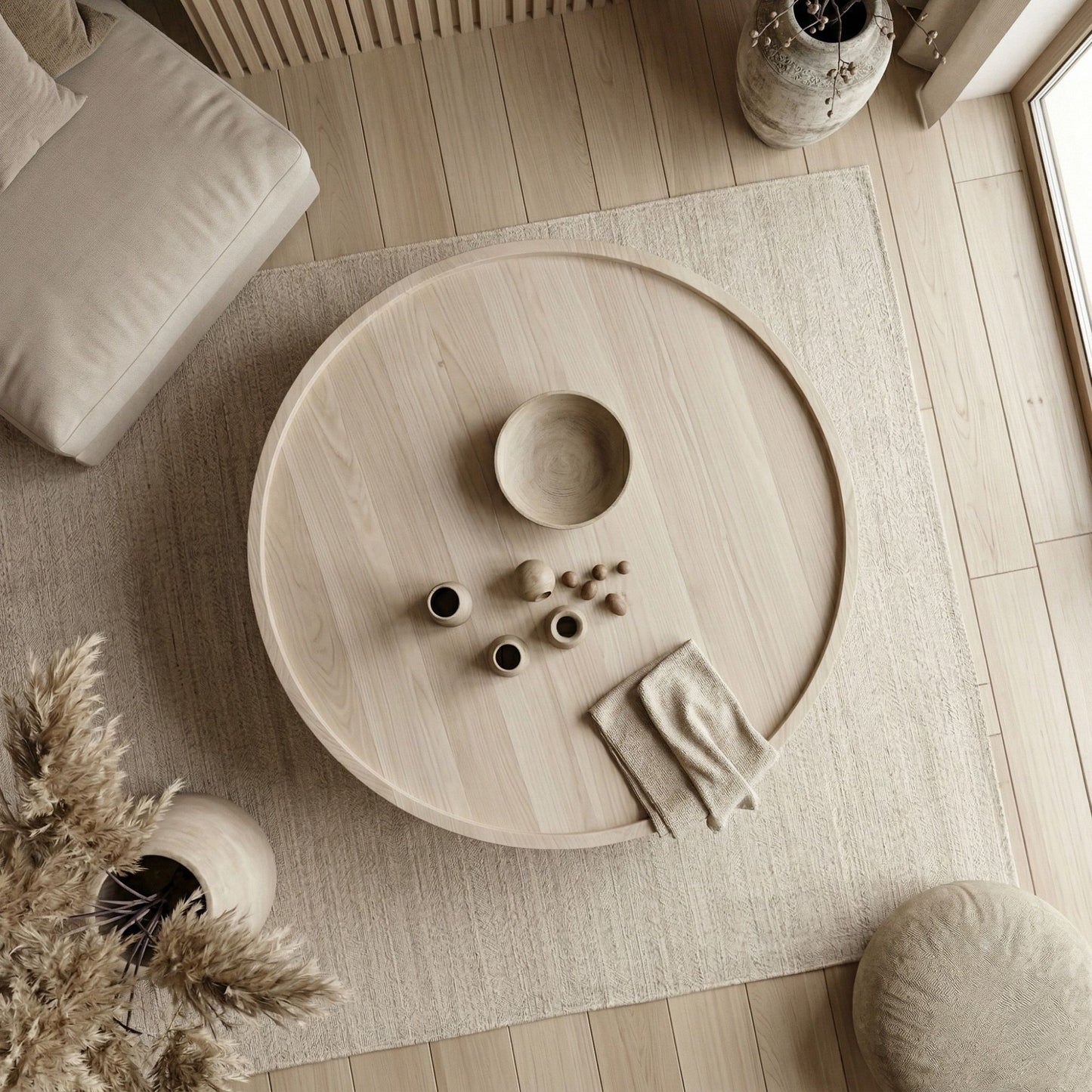 Sofra Large Round Organic Wood Coffee Table, Handmade Floor Table